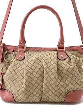 Gucci Diamante Ski Canvas Leather 2-Way Shoulder Bag Pink Beige